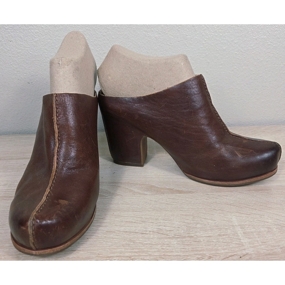 Kork-Ease Brown Leather Mule Clogs Heeled Slip On Platform Shoes Womens 8.5